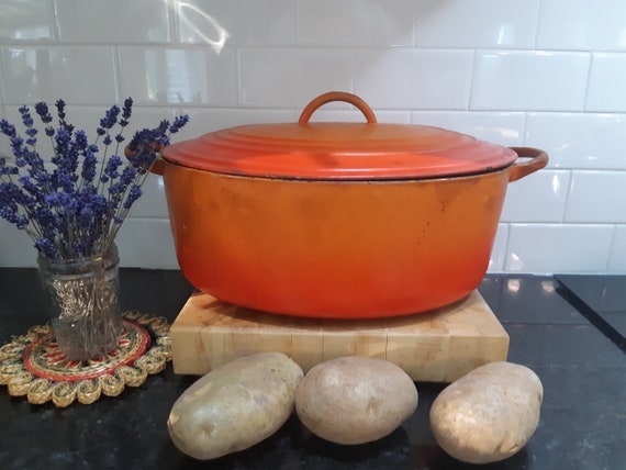 Le Creuset, Oval Dutch Oven, Volcanic Flame, Enamel, Extra Large, H, Looped  Lid, Handles, Ribbed Bottom, Rare Iconic Cookware 