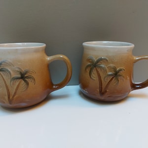 Vintage Hawaiian pottery mugs, set of 2, ceramic, hand painted, Hawaiian palm trees, birds, 1980's retro, K&S Hawaiian Creations