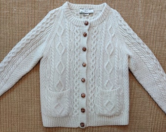 Vintage Aran Sweater, hand knit, pure new wool, made in Scotland, wool cardigan, handmade cardigan, ladies labeled 38 approx med, cable knit