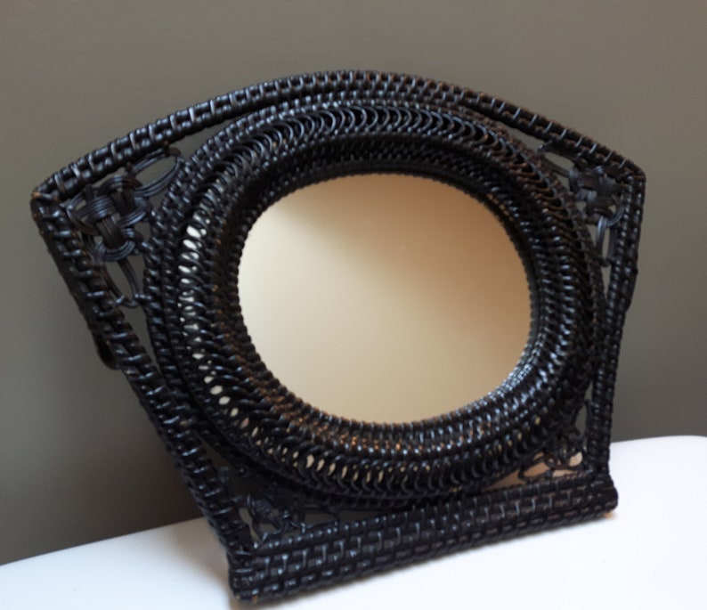 Vintage Wicker Mirror Painted Black Small Wall Decor Etsy
