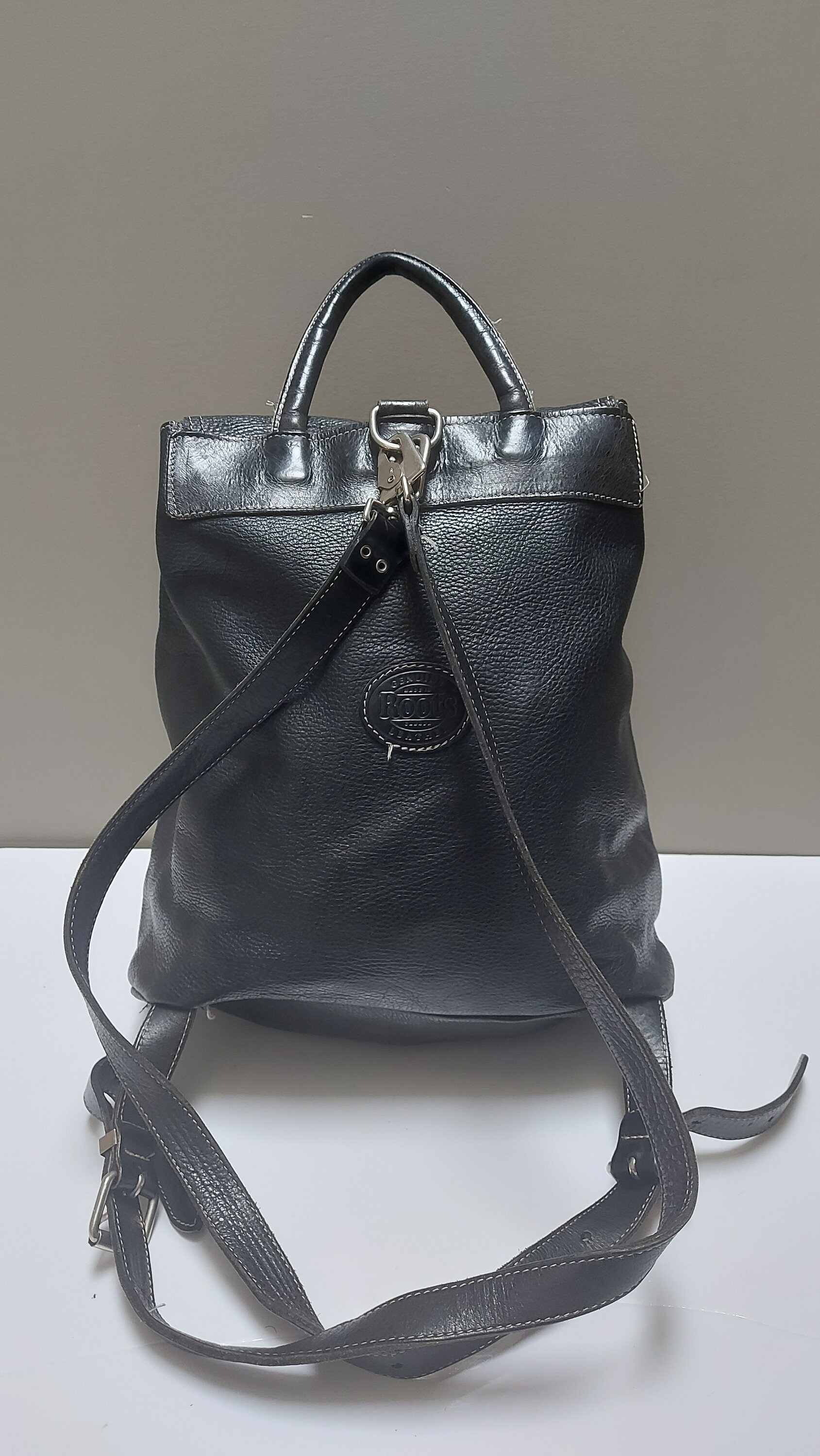 Roots Leather Backpack, Black Italian Leather, Made in 