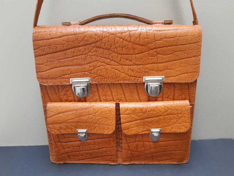 Textured Unisex Messenger Bag Orange Brown Silver Coloured Hardware Handmade Leather Satchel Detachable Shoulder Strap Handle Strap
