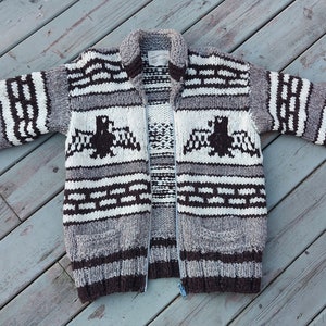 Original Cowichan Sweater genuine hand spun wool handknit, Eagle design, zipper, fits approx. ladies L, work of art, traditional colours.
