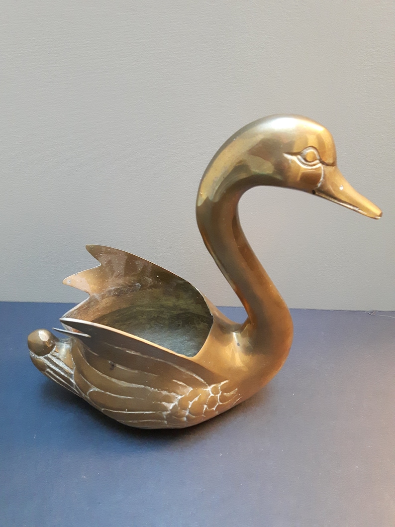 Planter Bird Patina Container Feathers Brass Swan Made in Korea Etched