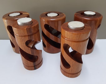 MCM Wood Candleholders, mixed set of 5, tealight holders, carved, geometric, cut out, open design.