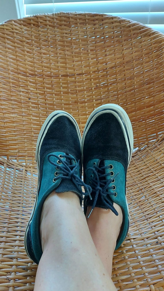 Vintage Vans Made in USA Navy Blue Dark Teal Green Suede 5 Eyelet Lace Up Handmade Insoles Waffle Soles Approx Size Mens 8.5