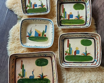 Vintage Mexican pottery, ceramic dishes, set of 5, handmade, hand painted, made in Mexico, cactus, birds, sombrero, rustic Mexican decor
