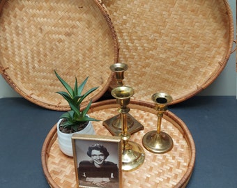 Vintage wicker, bamboo wall decor, trays, boho decor, wicker wall hangings, set of 3