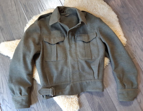 SeaglassVintageFinds Vintage Army Military Jacket Wool Coat Battledress WW II Style Canadian Mastercraft Uniform Dark Green Khaki Small Fit