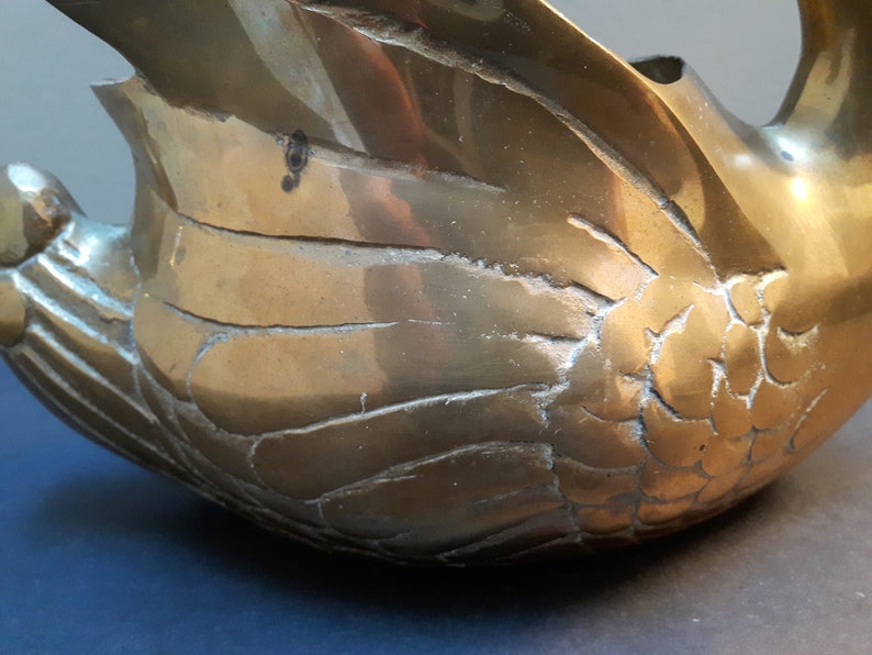 Planter Bird Patina Container Feathers Brass Swan Made in Korea Etched