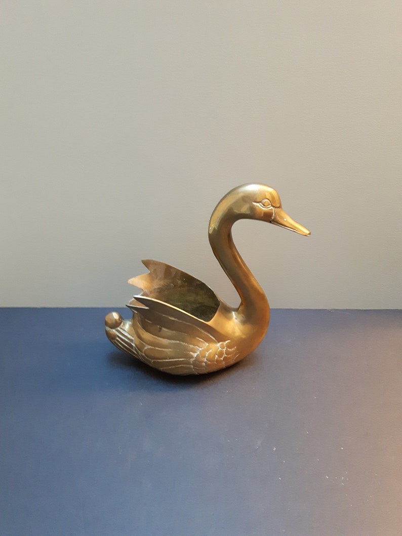Planter Bird Patina Container Feathers Brass Swan Made in Korea Etched