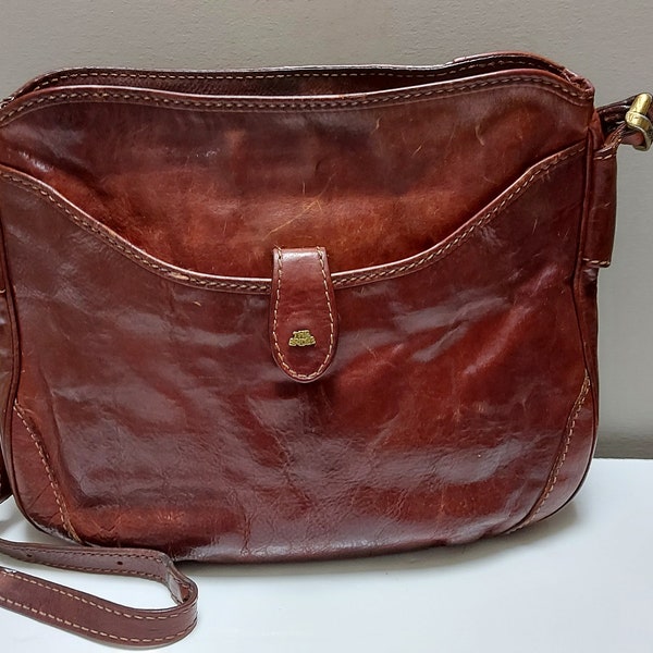 The Bridge leather bag, vintage Italian designer leather purse, crossbody, cognac brown, worn, soft, marked, quality, patina, made in Italy