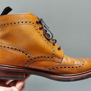 May include: A brown leather brogue boot with a lace-up closure and a decorative wingtip design.