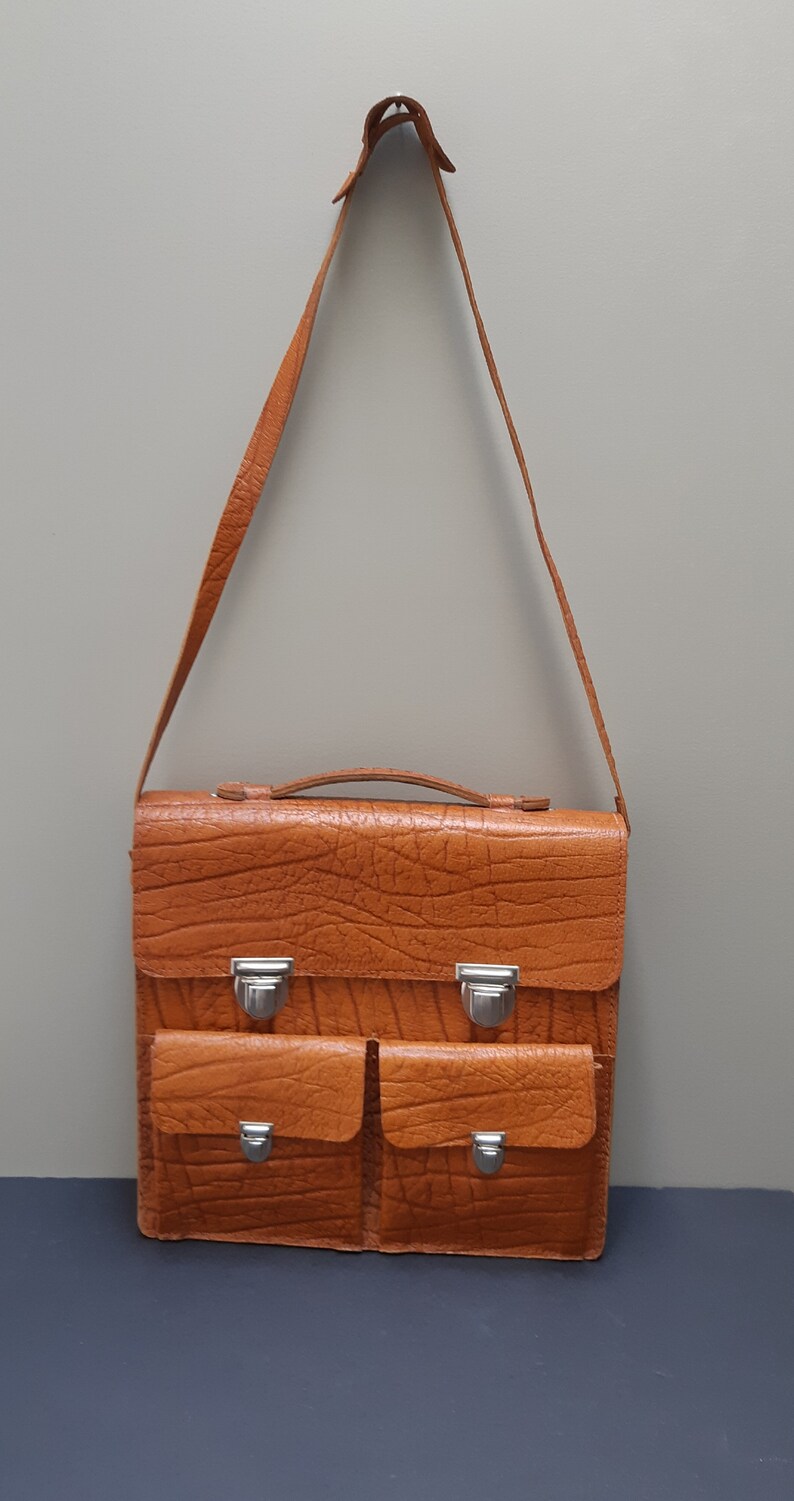 Textured Unisex Messenger Bag Orange Brown Silver Coloured Hardware Handmade Leather Satchel Detachable Shoulder Strap Handle Strap