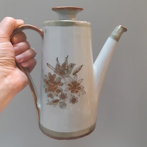 théière en céramique Ken Edwards vintage, poterie mexicaine, peinte à la main, florale, conception d'oiseau, rustique, marron, vert mousse, signée, KE Palomar, Mexique