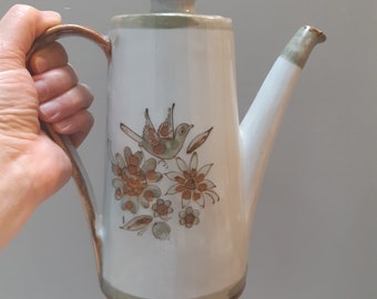 théière en céramique Ken Edwards vintage, poterie mexicaine, peinte à la main, florale, conception d'oiseau, rustique, marron, vert mousse, signée, KE Palomar, Mexique