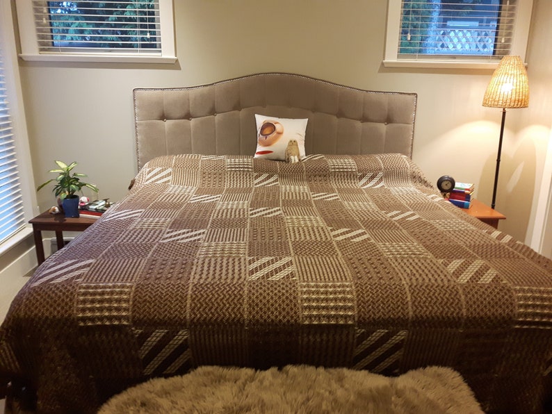 Vintage Retro Bedspread Bed Cover Blanket Textured Weave Square Pattern Brown Off White Made In Italy For Hudson S Bay Company