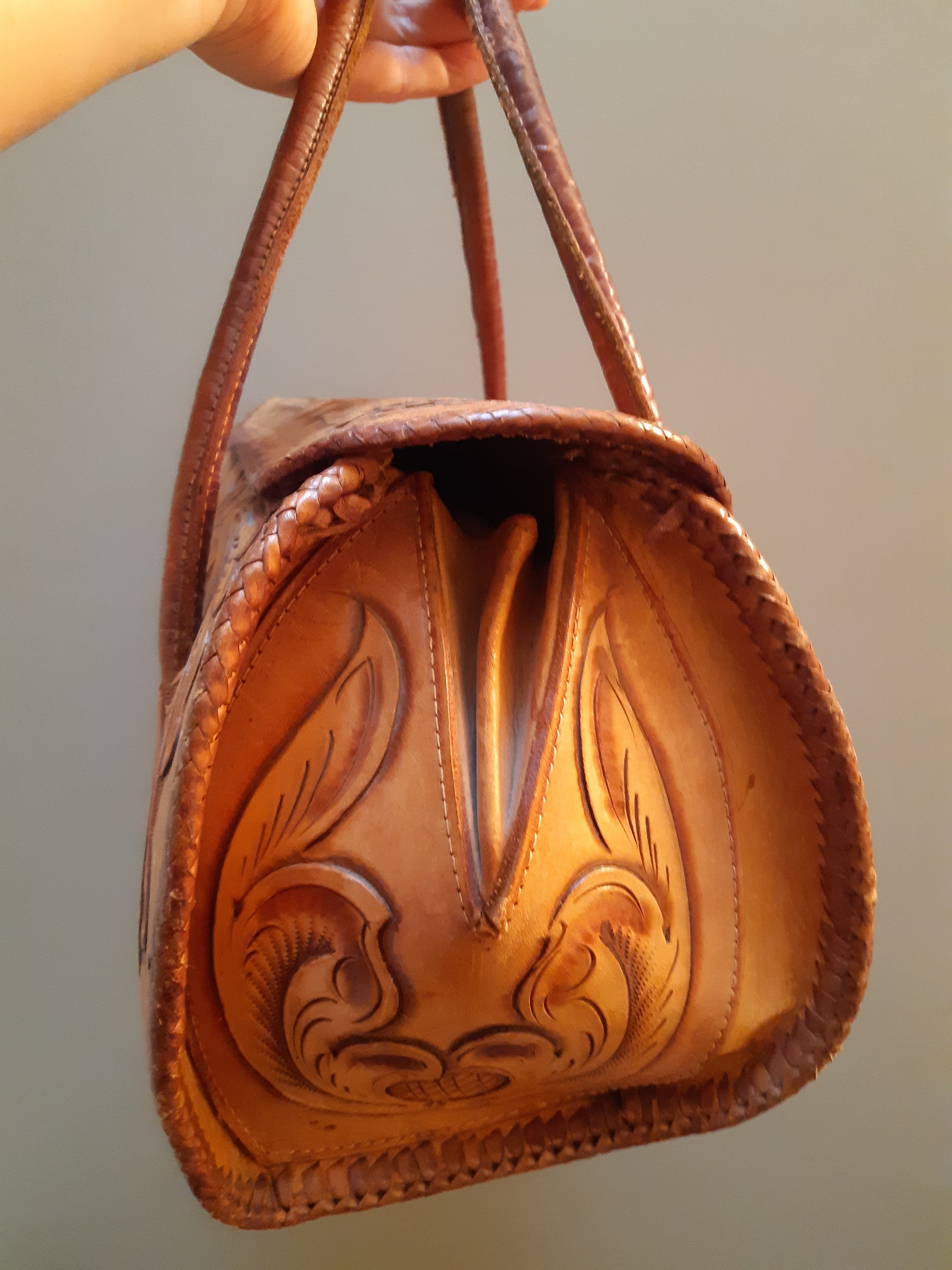 Vintage Tooled Leather Bag, Large Unique Shape, Handmade