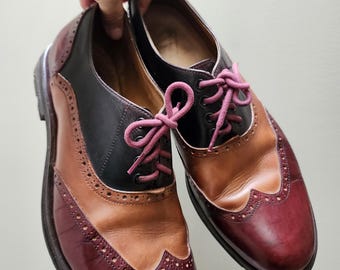 John Fluevog mens size 11 classic wingtip brogue style shoes, black, light brown, deep red leather, original Angelic soles, Guardian Angels.