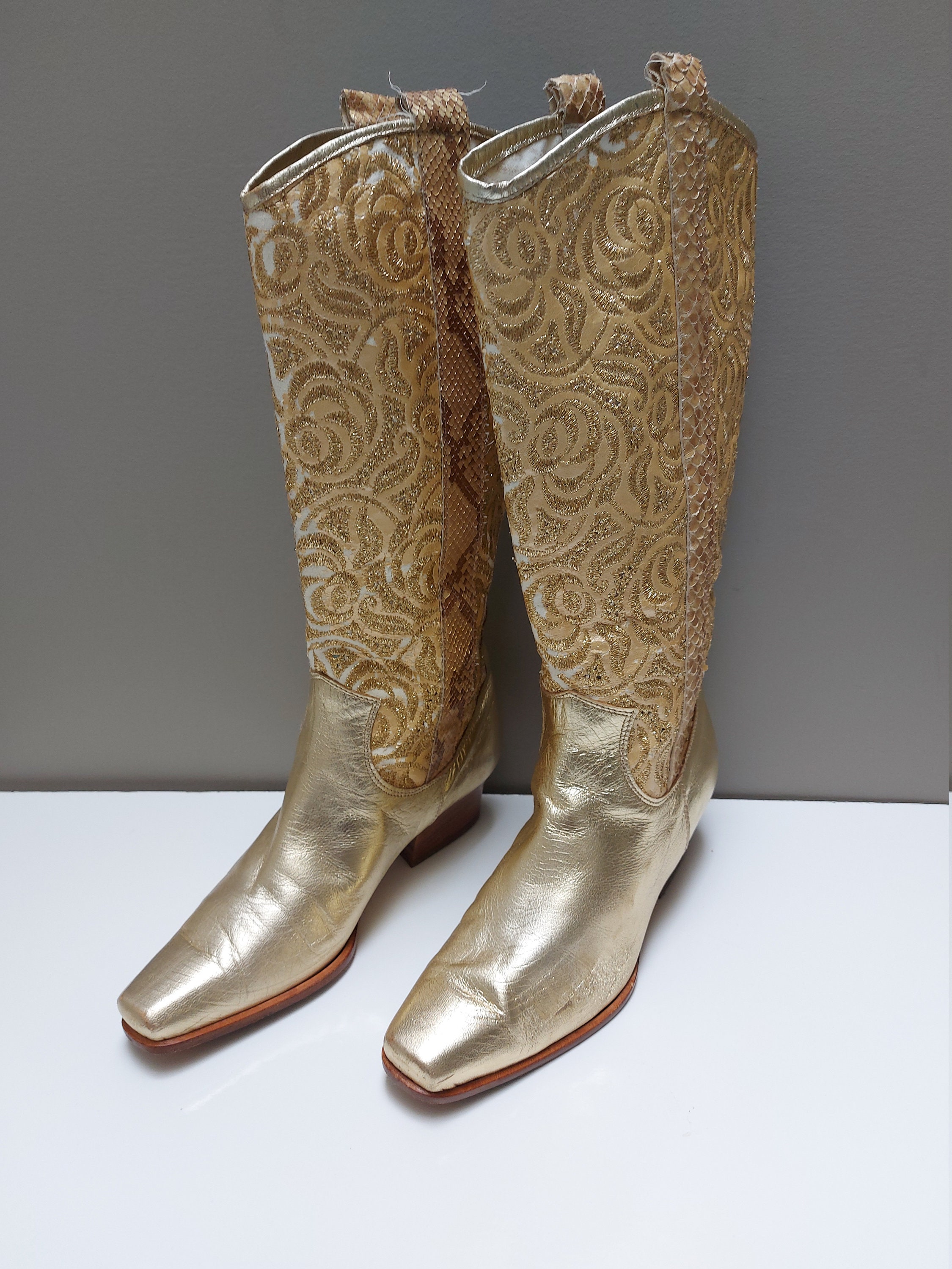Cuero dorado vintage brocado vaquero botas go-go botas de | Etsy México