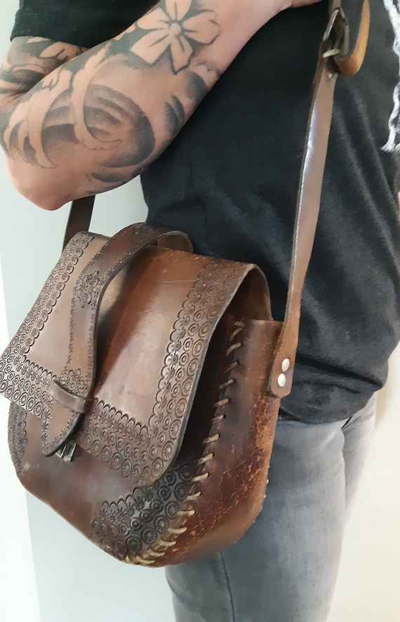 Boho Vintage Tooled Leather Bag, Gorgeous Old Worn