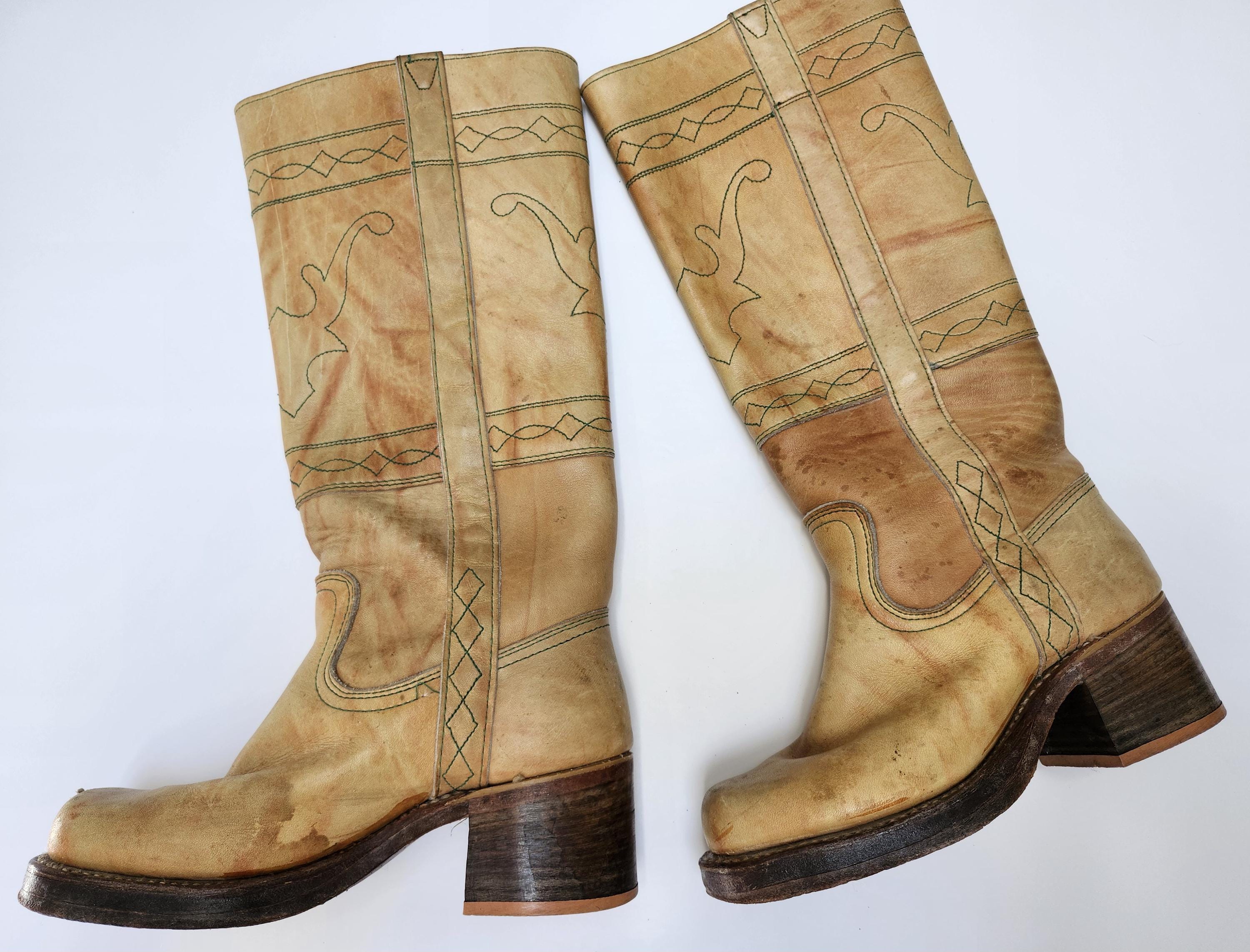 Vintage Campus style, boho leather boots, Double H brand made in Canada, ladies 36, stacked heel knee height, retro 1970's, worn, wonderful.