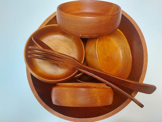 Vintage Baribo Maid Wood Salad Bowl Set, Large Bowl With 6 Side