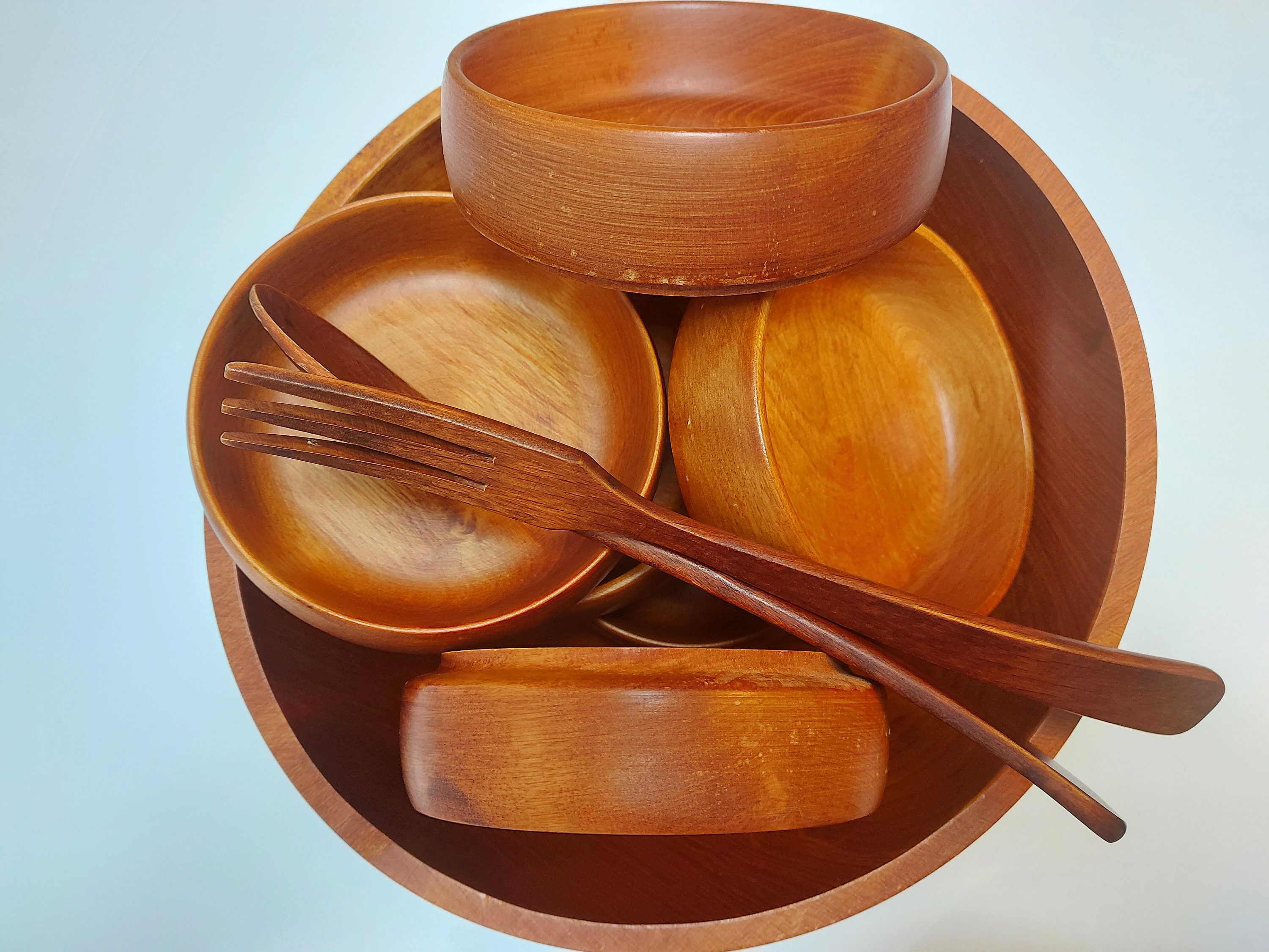 Vintage Baribo Maid Wood Salad Bowl Set, Large Bowl With 6 Side