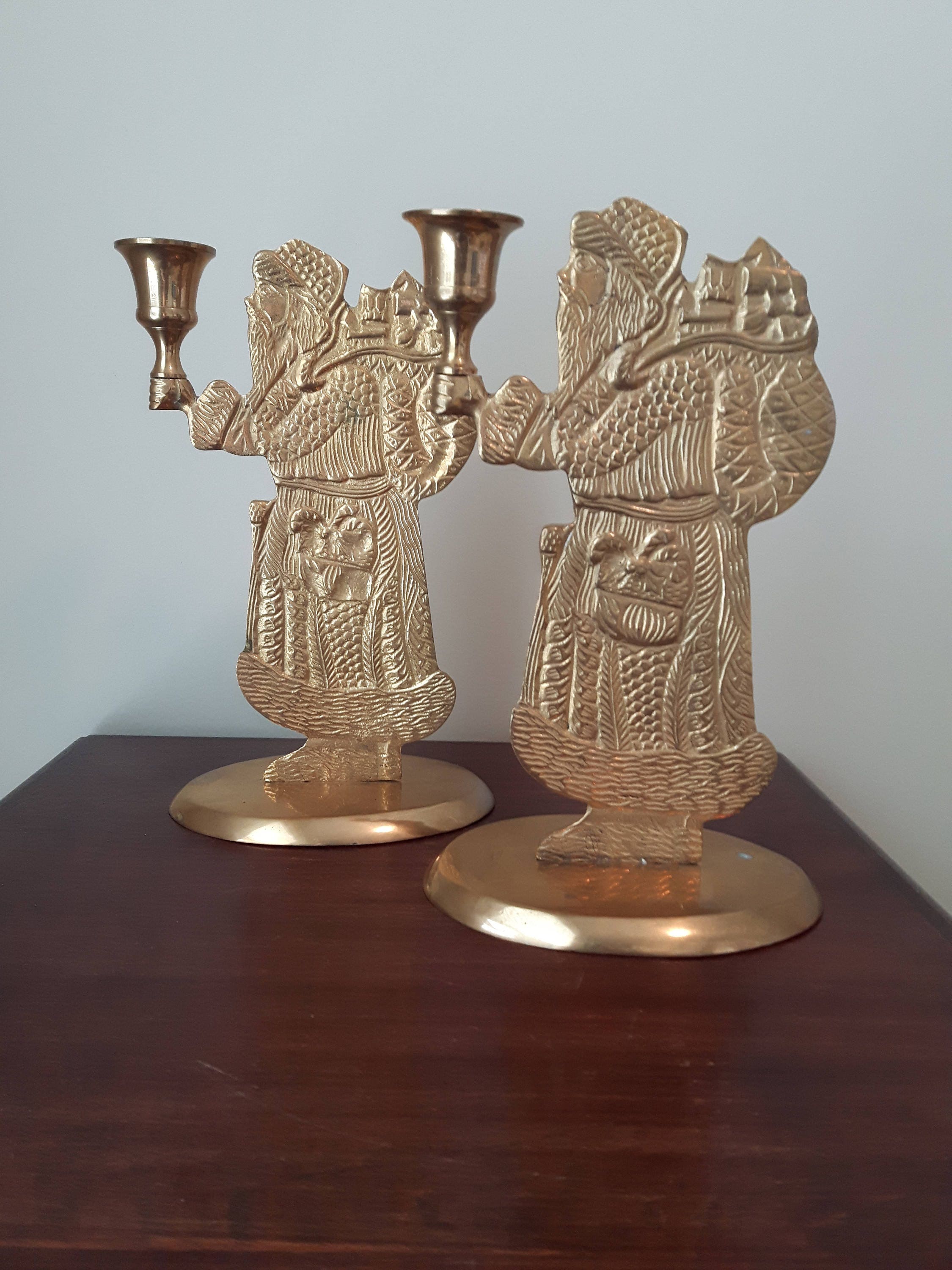 Vintage Brass Santa Candle Holders, Set of 2, Solid Brass Vintage Brass Santa Candle Holders, Set of 2, Solid Brass