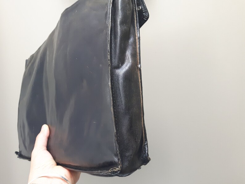 lined Briefcase Tilley Real Calf scratched faded cracked Vintage Black Leather Satchel clean interior Made in Canada Perfectly worn