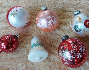 ornements en verre vintage, ensemble mixte de 6, décor de Noël, ornements, faits à la main, peints, marqués,
