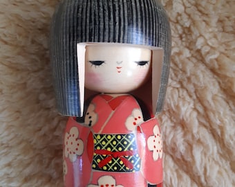 Vintage Kokeshi Japanese Wooden Doll, handmade, hand painted, artist&#39;s stamp