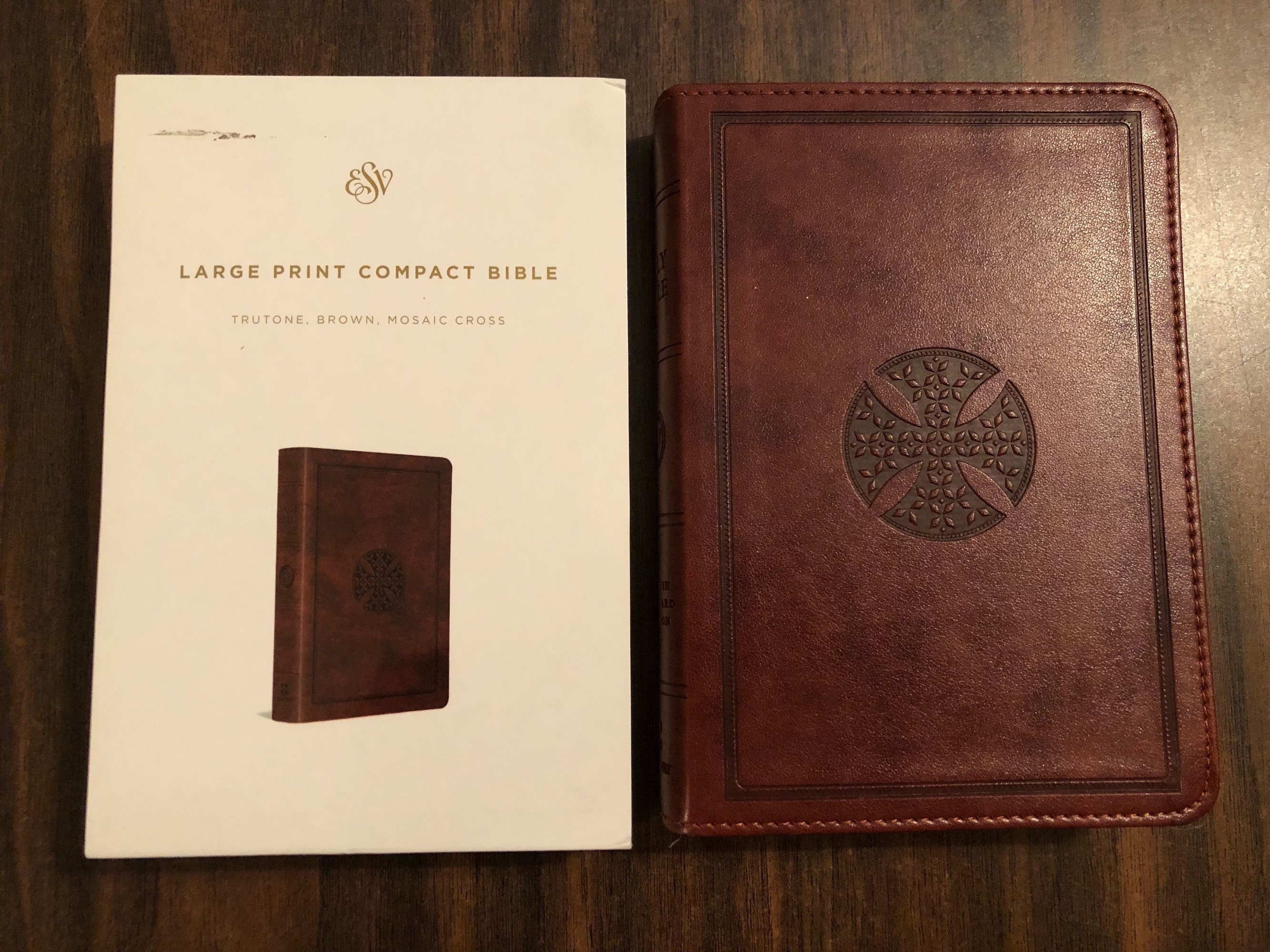 PERSONALIZED ** ESV Large Print Compact Bible Brown Cross TruTone