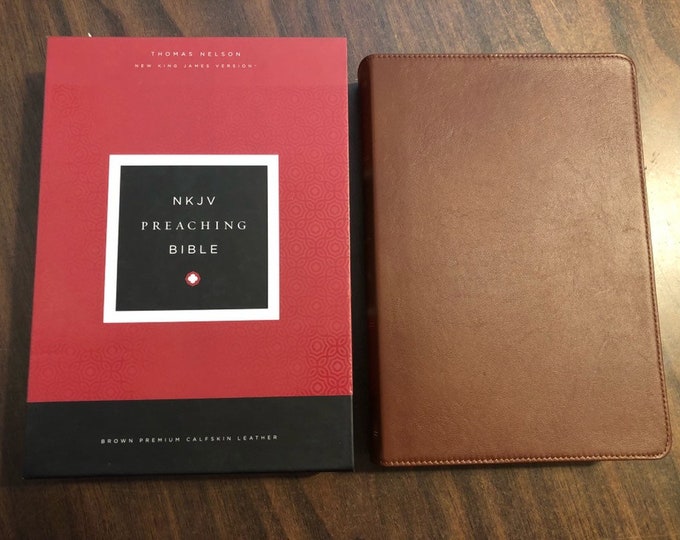 PERSONALIZED  NKJV Preaching Bible - Brown Calfskin Genuine Leather  Custom Imprinted
