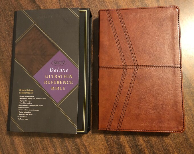 PERSONALIZED  NKJV Deluxe Ultrathin Bible - Brown LeatherTouch  Custom Imprinted