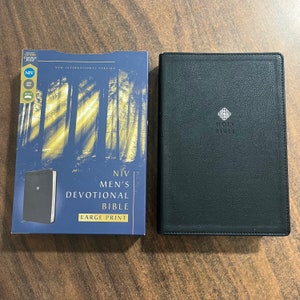 Personalized NIV Large Print Mens Devotional Bible - Black LeatherSoft - Custom Imprinted, name engraved mens bible 978031460848