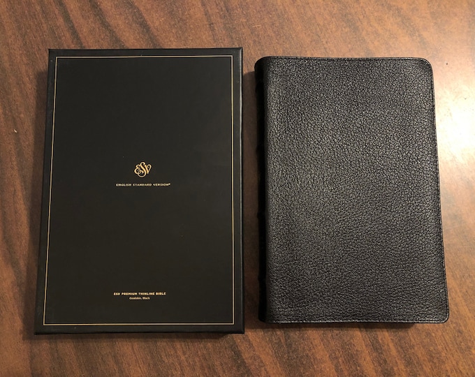 Personalized ESV Premium Thinline Bible - Black Genuine Goatskin Leather, Custom Imprinted, ISBN 9781433564567