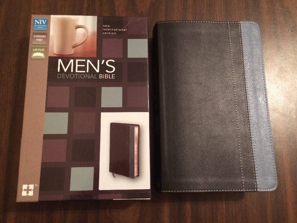 PERSONALIZED NIV Mens Devotional Bible Charcoal Steel Blue 