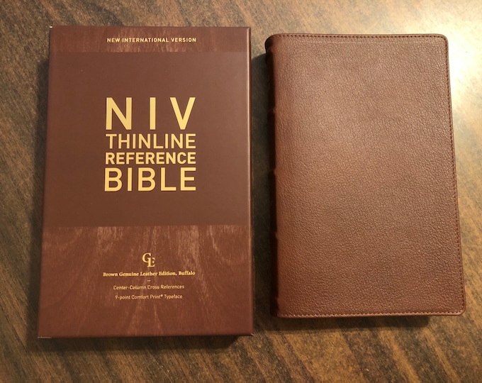 Personalized Genuine Leather NIV Thinline Reference Bible - Brown Genuine Buffalo Leather, Custom name Imprinted, Cener Column Reference