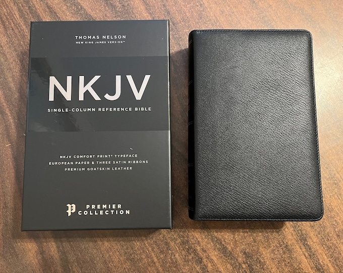 Personalized NKJV Single Column Reference Premier Collection Bible - Black Goatskin Premium Genuine Leather, Custom Imprinted