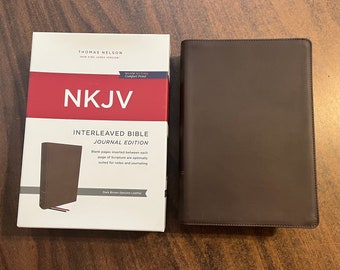 Personalized NKJV Interleaved Journaling Bible - Dark Brown Genuine Leather Cover, Custom Imprinted with name