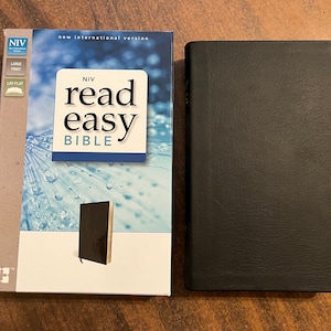 Personalized NIV Bible, Large Print - Black Genuine Leather, Custom Imprinted with name, &quot;Read Easy Bible&quot;