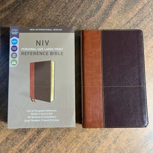 Personalized NIV Large Print Personal Size Reference Bible - Tan / Dark Brown LeatherSoft - Custom Imprinted with name 9780310449720