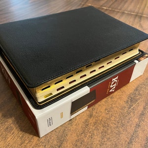 Personalized KJV Study Bible Thumb Indexed, Black Genuine Goatskin Leather, Custom Imprinted, Holman