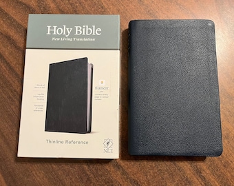 Personalized NLT Thinline Reference Bible - Navy Genuine Leather - Custom Imprinted with name