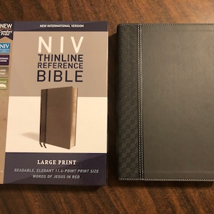 Personalized Bible - NIV Large Print Thinline Reference Bible - Charcoal Gray LeatherSoft Cover Custom Imprinted Embossed with Name for Him