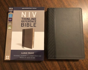 Personalized Bible - NIV Large Print Thinline Reference Bible - Charcoal Gray LeatherSoft Cover Custom Imprinted Embossed with Name for Him