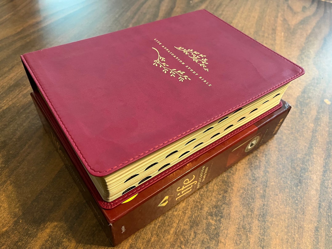 Personalized NIV Life Application Study Bible Thumb Indexed Berry Leatherlike Custom Imprinted