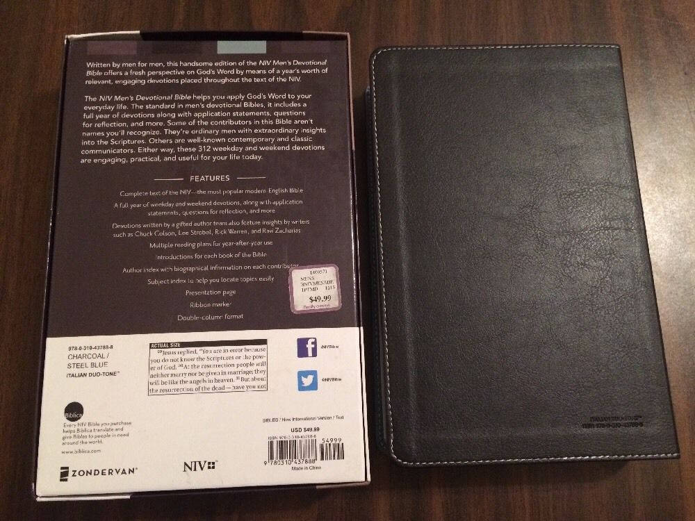 PERSONALIZED NIV Mens Devotional Bible Charcoal Steel Blue 