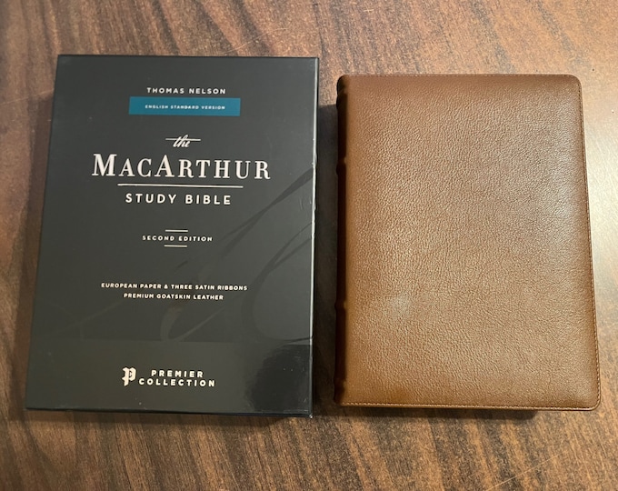 Personalized ESV MacArthur Study Bible, Brown Premium Genuine Goatskin Leather, ISBN 9780785235668
